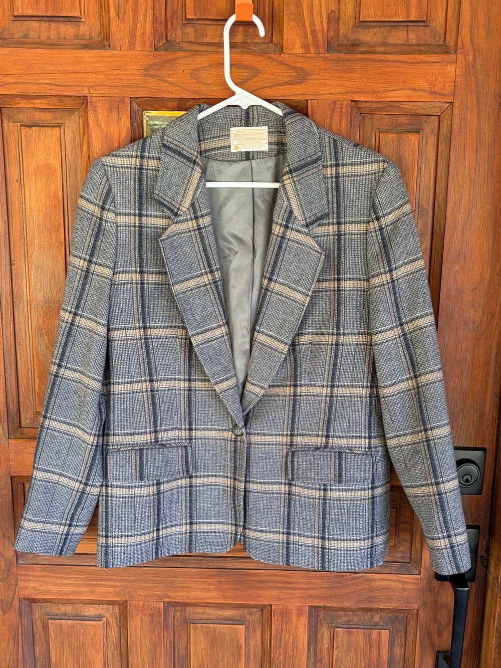 Vintage Pendleton Wool Blazer Women 12 Plaid Black Tan Preppy Classic